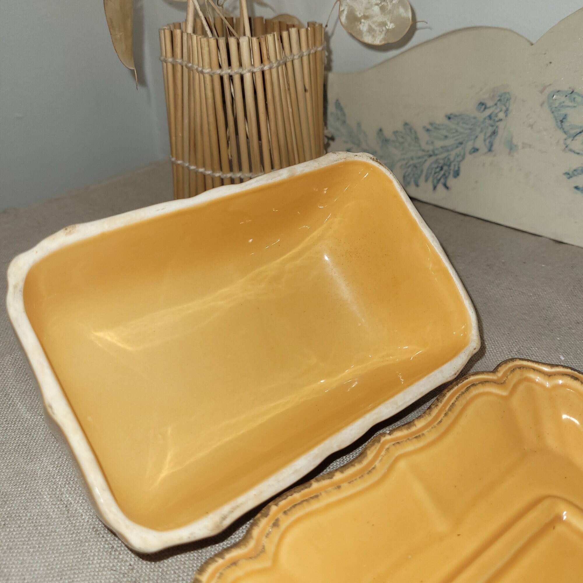 Antique yellow ceramic butter dish with bee decor, vintage Provençal style