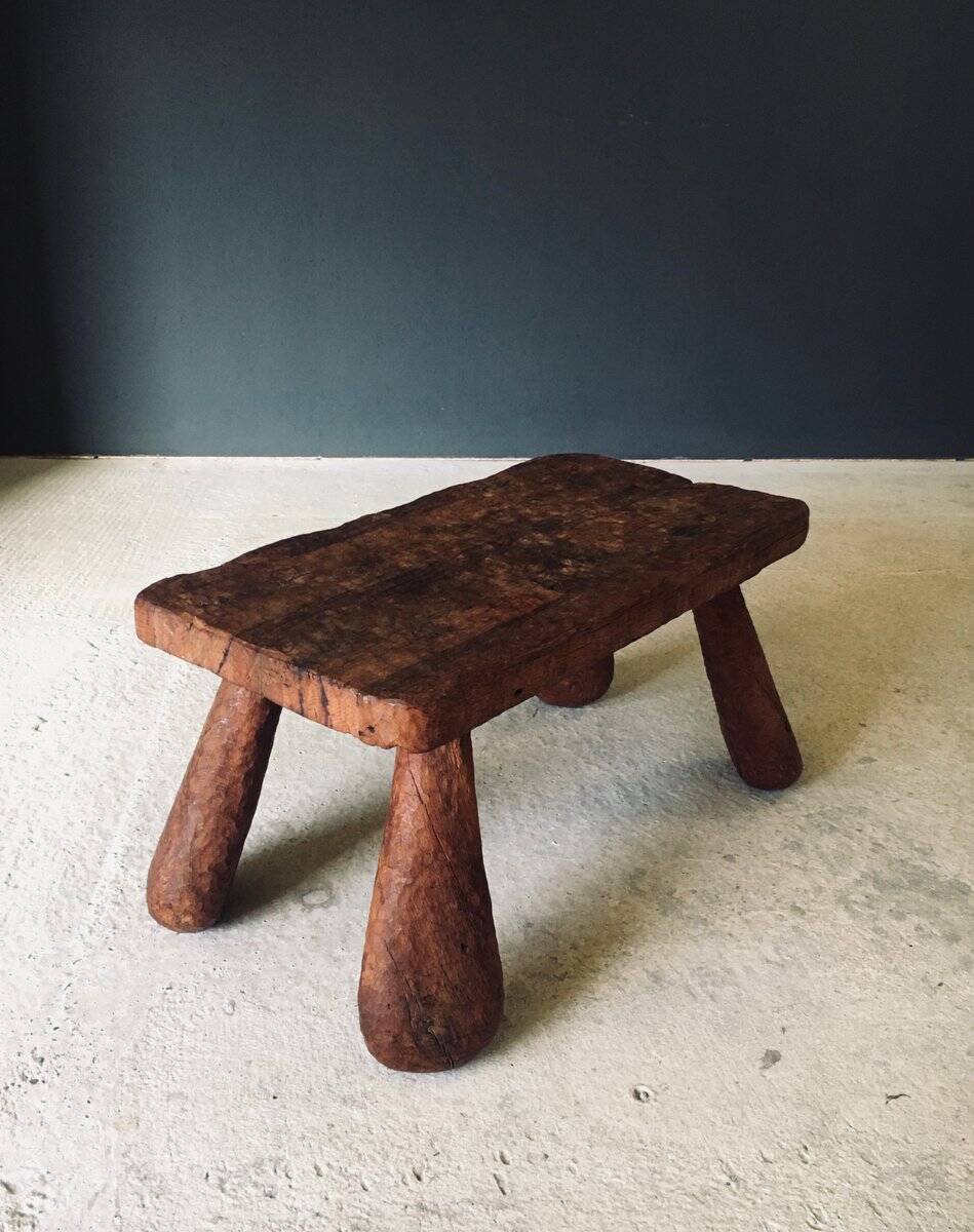 Brutalist Handcrafted Carved Oak Coffee Table, Belgium, 1960s