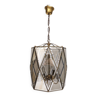 Elegant Handmande Octagonal Glass and Brass Pendant Lantern, Italy