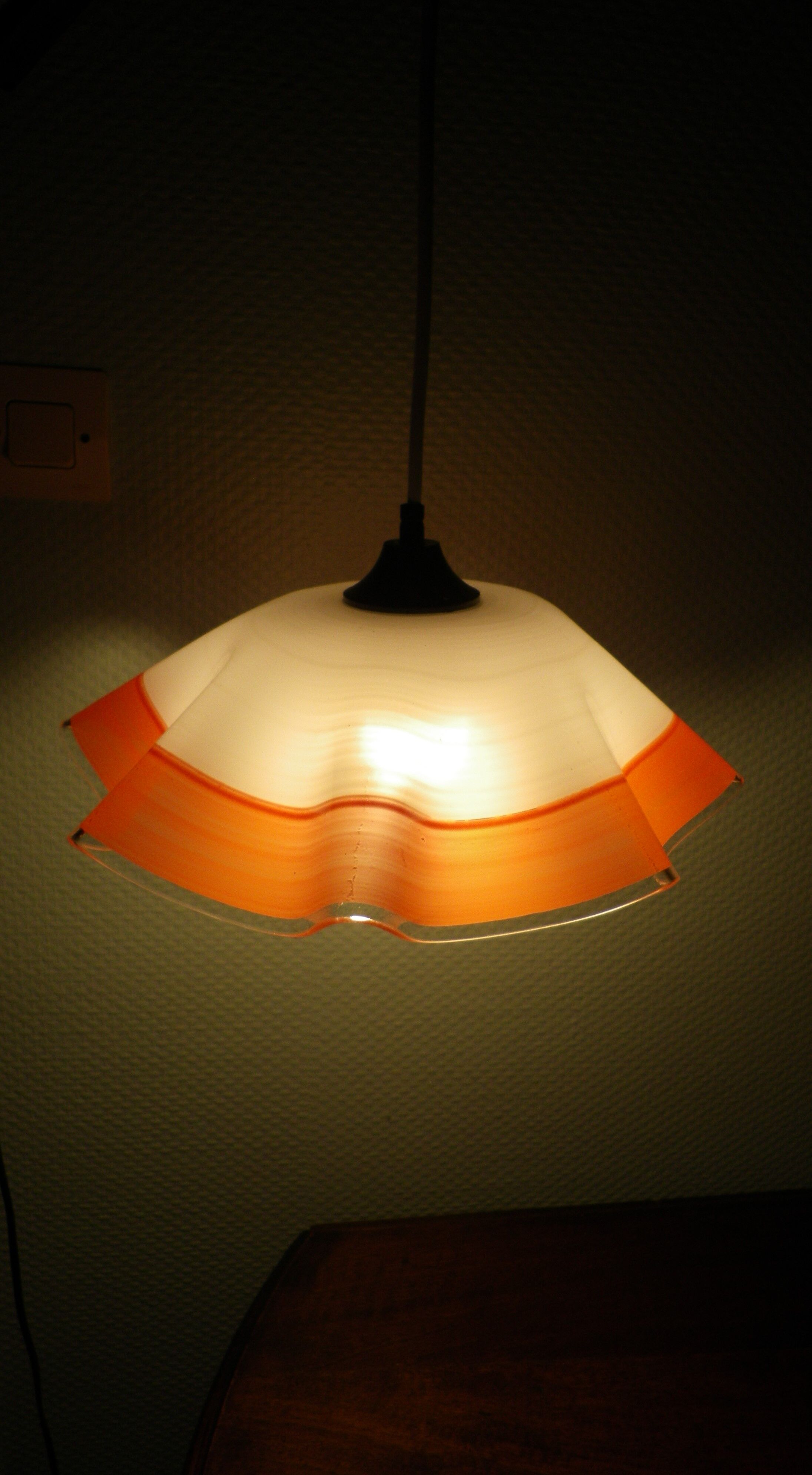 Berlingot pendant lamp from the 60s, white, orange and transparent glass