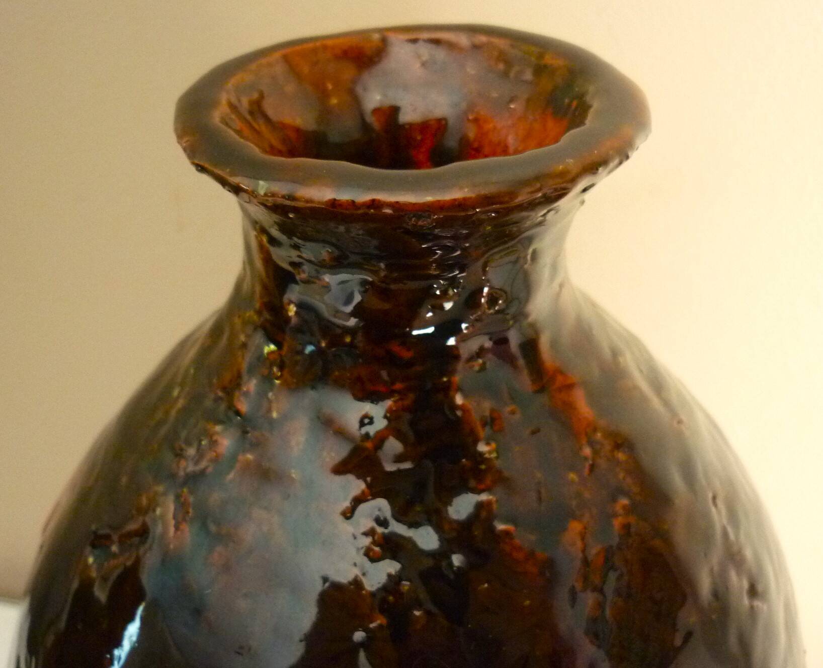 Ceramic vase, chamotte terracotta, enamelled, signature to be identified, vintage