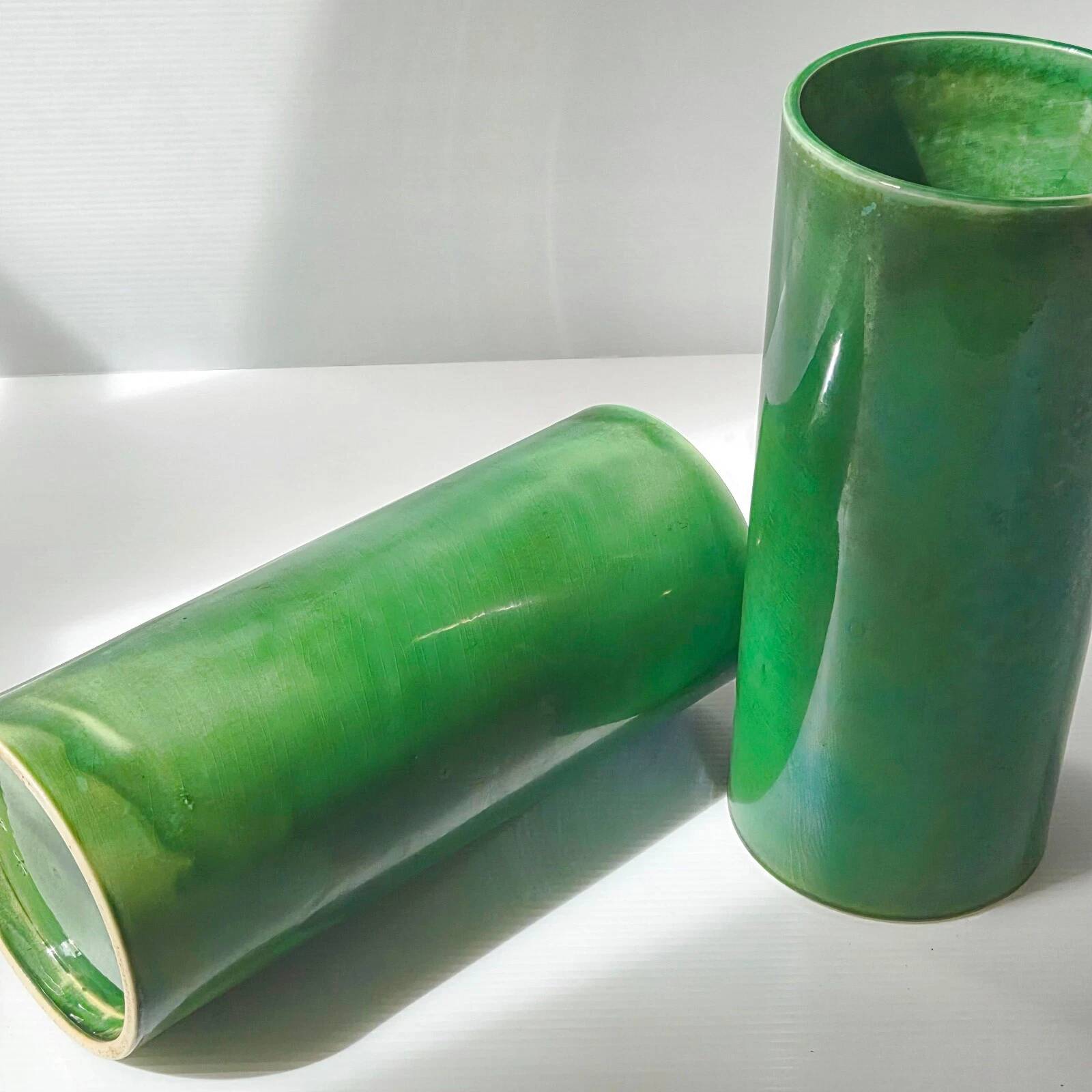 Pair of vintage 1950 rolled vases green ceramic signed 50s 1950s