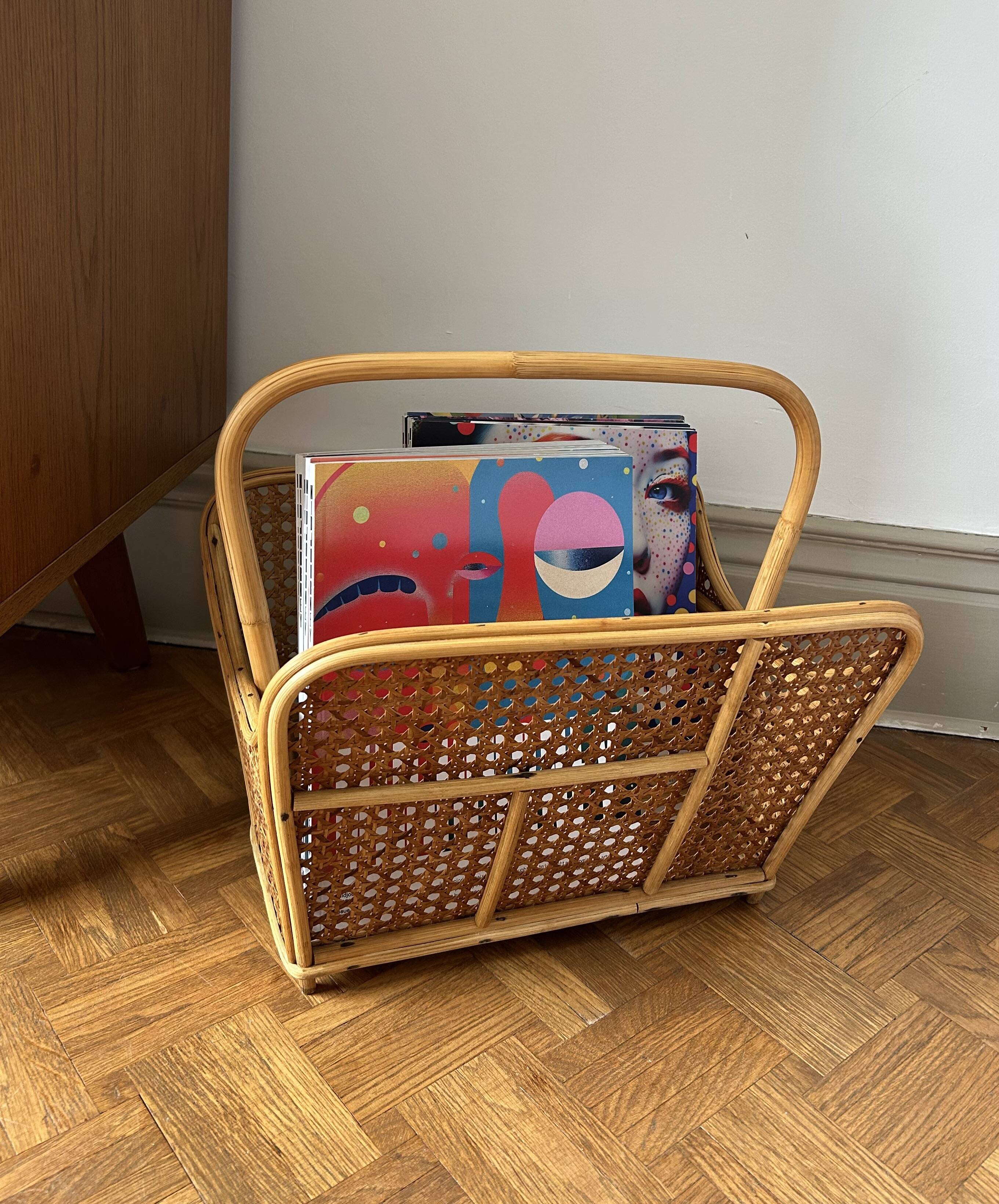 Rattan and cane magazine rack from the 1960s.