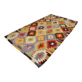Tapis Kilim Turc 6x10 Laine Fait Main, Style Bohème, Motifs Géométriques,