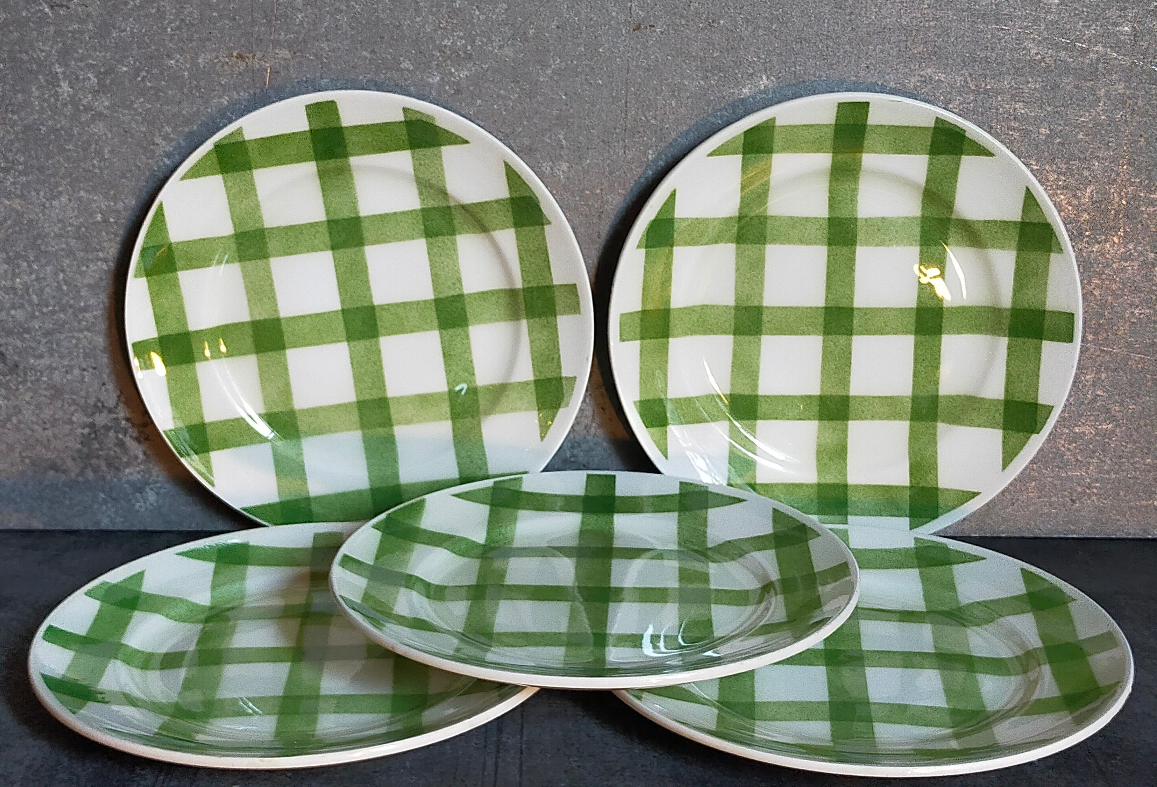 Five dessert plates Orchis-Moulin des Loups vintage checkered décor