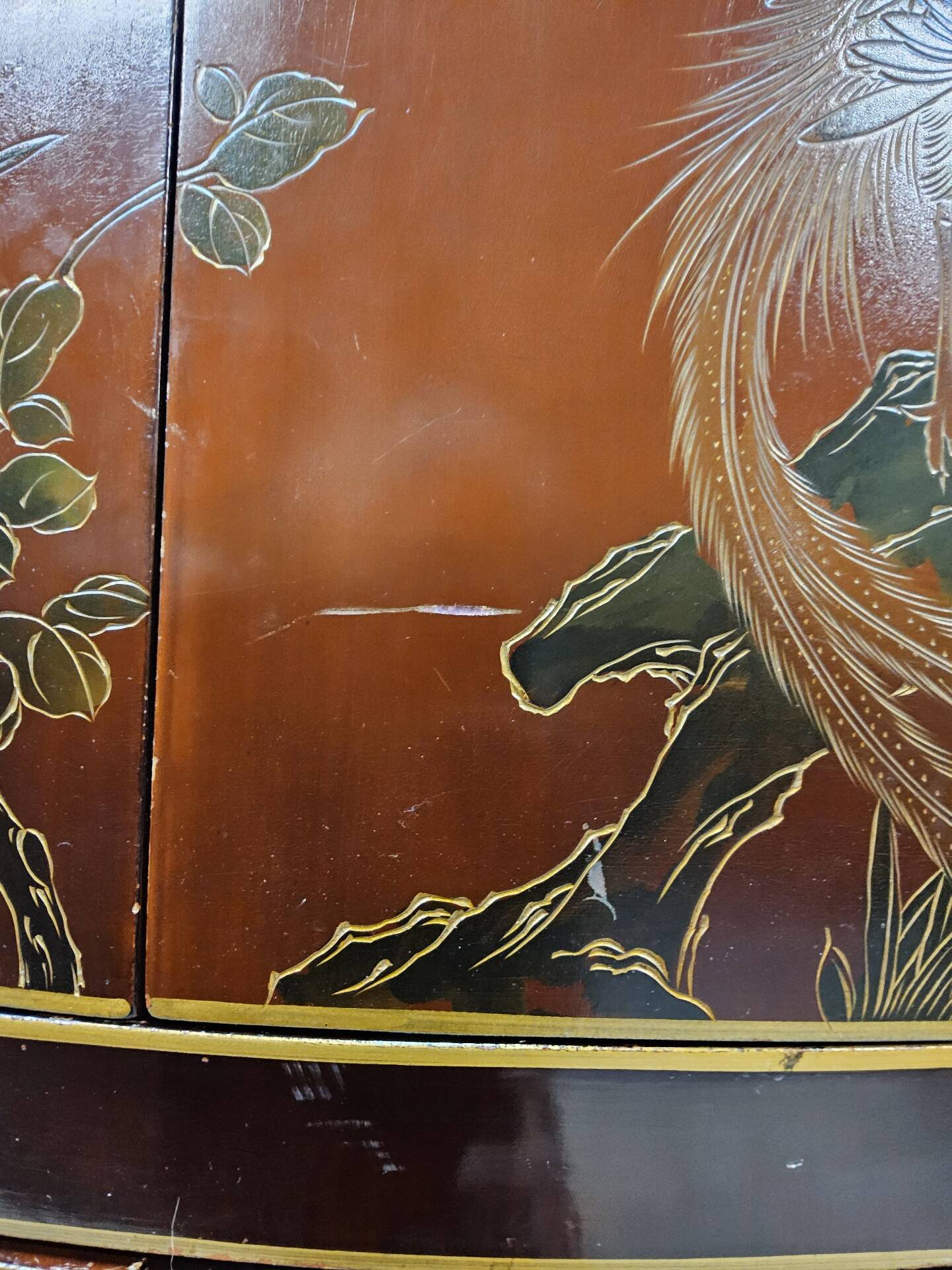 Vintage Chinese red and gold cabinet with flowers and birds (lacquer cabinet)