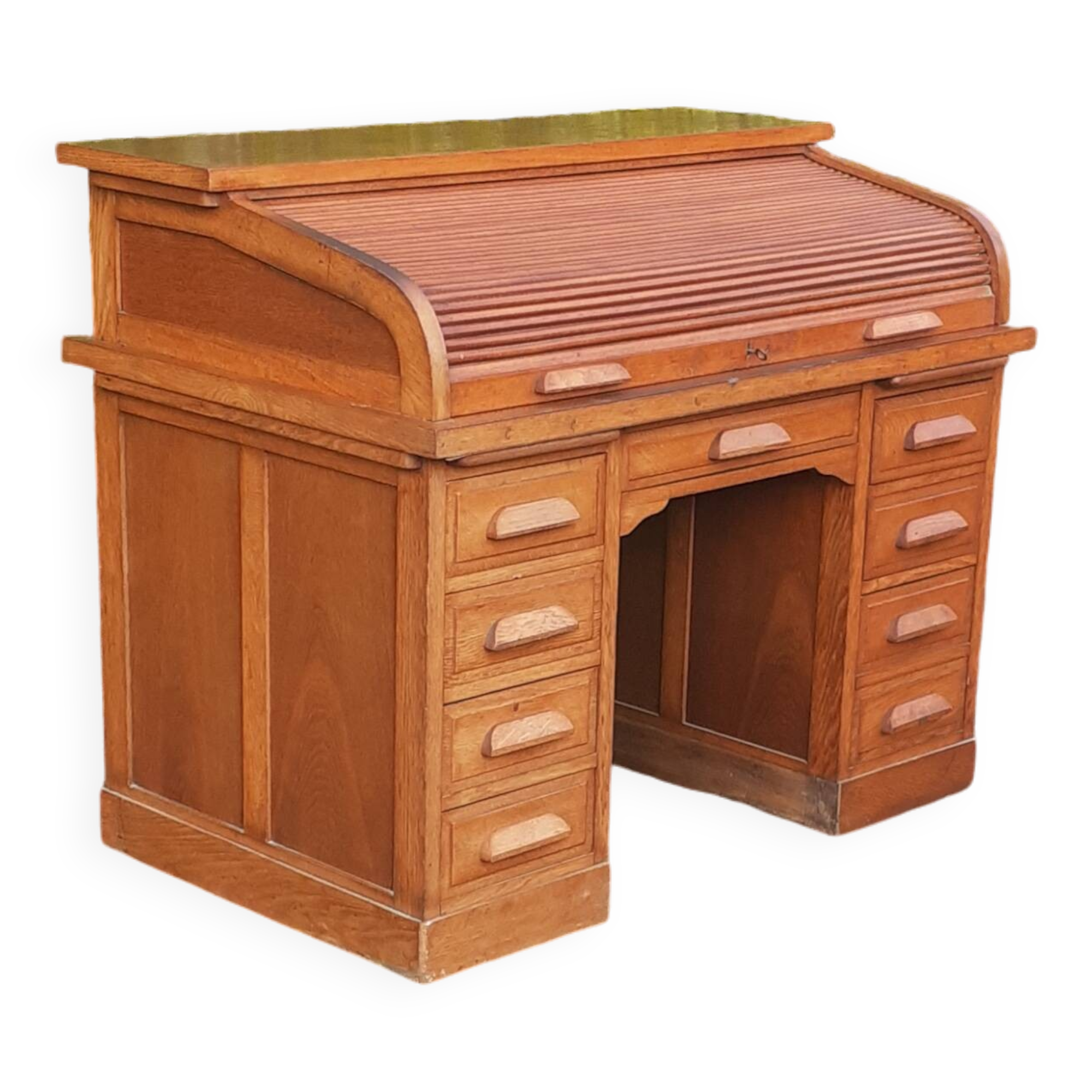 Bureau américain à rideaux 8 tiroirs 2 tablettes chêne Année 50 vintage