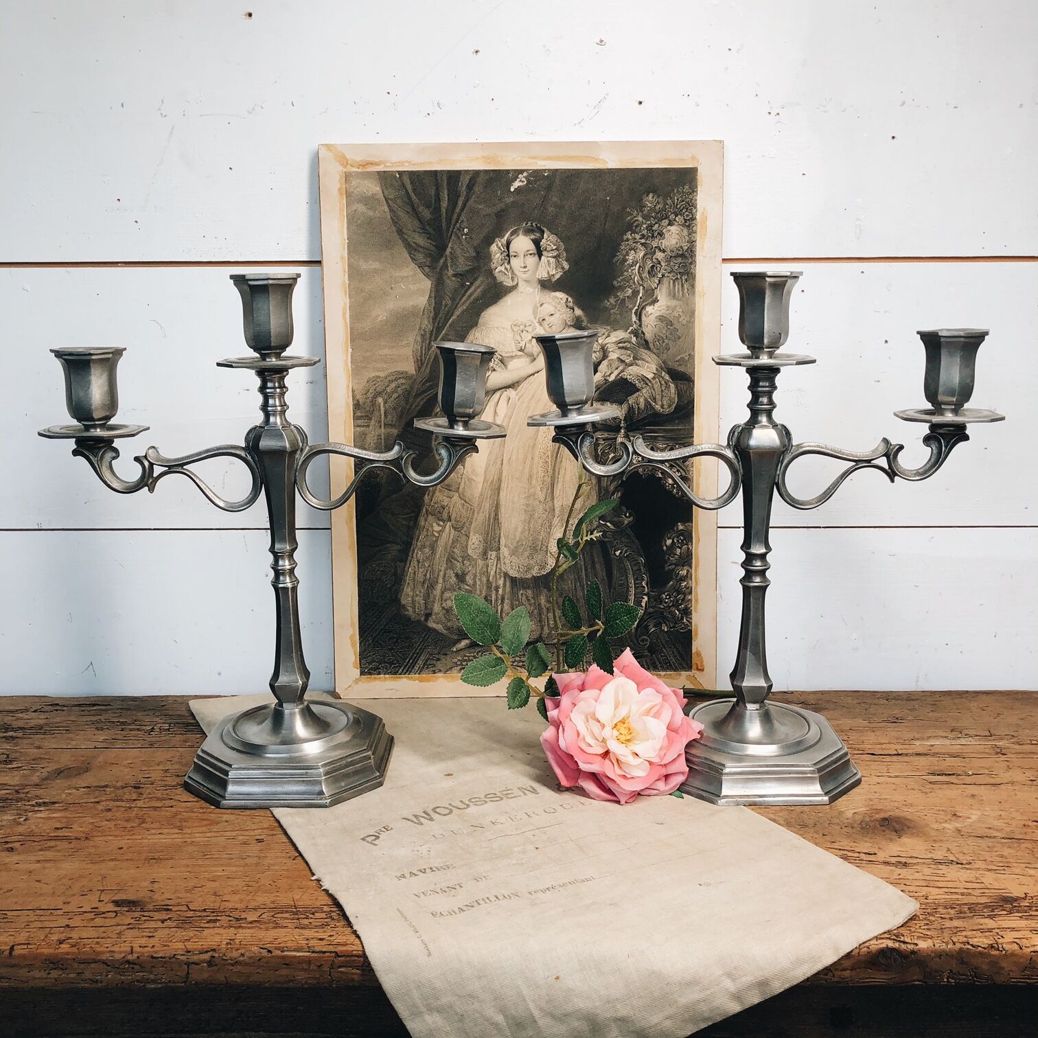 Pair of Italian tin candlesticks