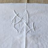 Drap ancien en lin blanc broderie richelieu et monogramme