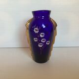 Ancien vase en verre bleu et or motif de fleurs