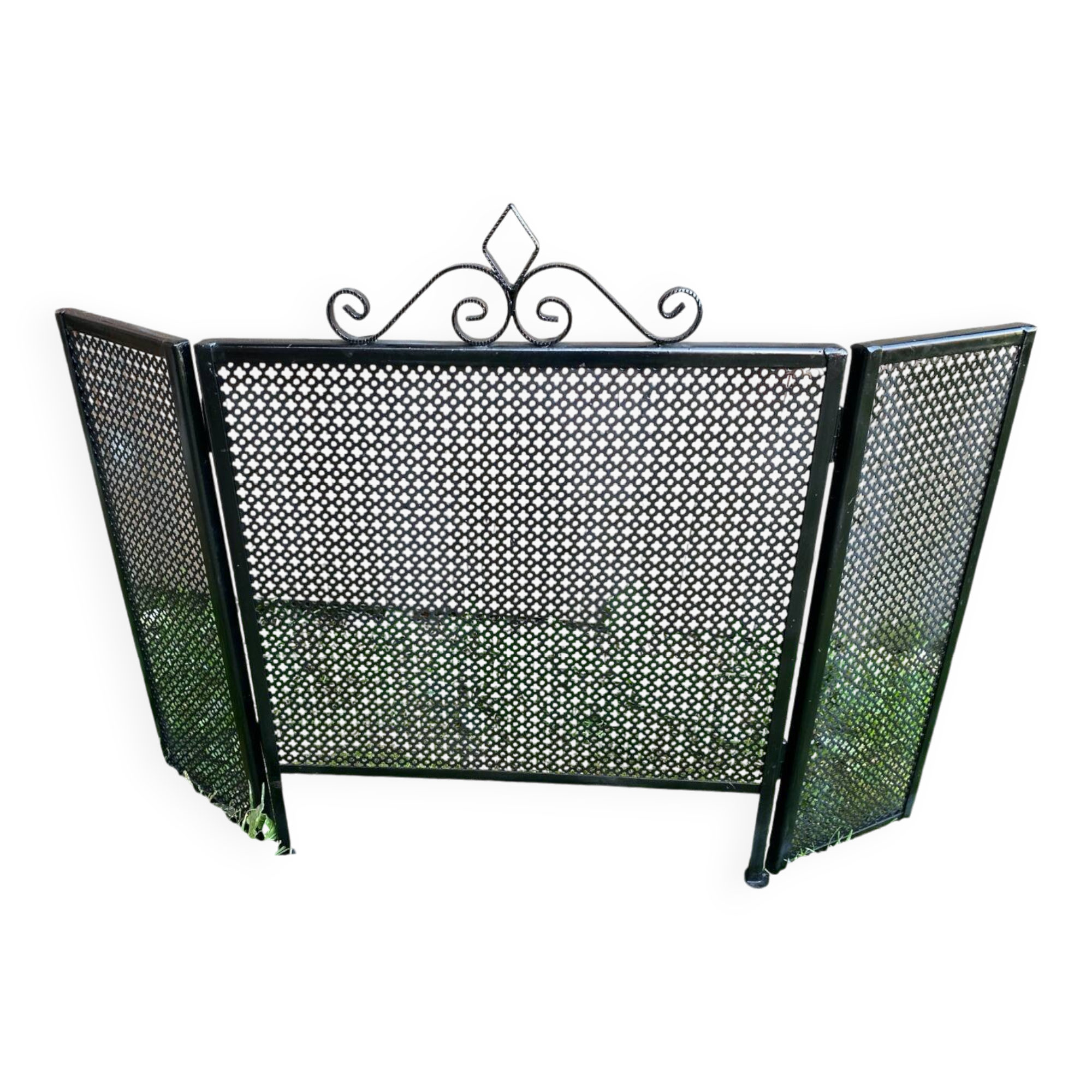 Fireplace screen black metal perforated sheet 3 vintage leaves