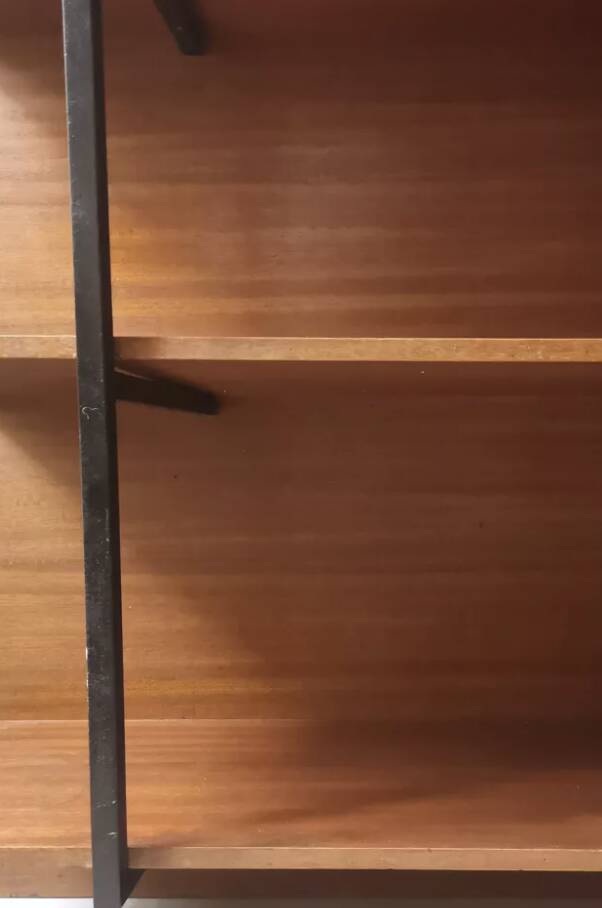 wall-mounted bookcase in wood and black metal, Scandinavian design 1970