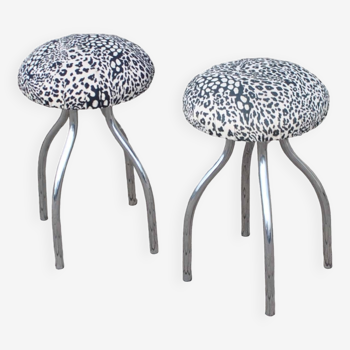 Set of 2 vintage DESIGN mushroom stools in chrome metal and Leopard velvet seat