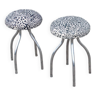 Set of 2 vintage DESIGN mushroom stools in chrome metal and Leopard velvet seat