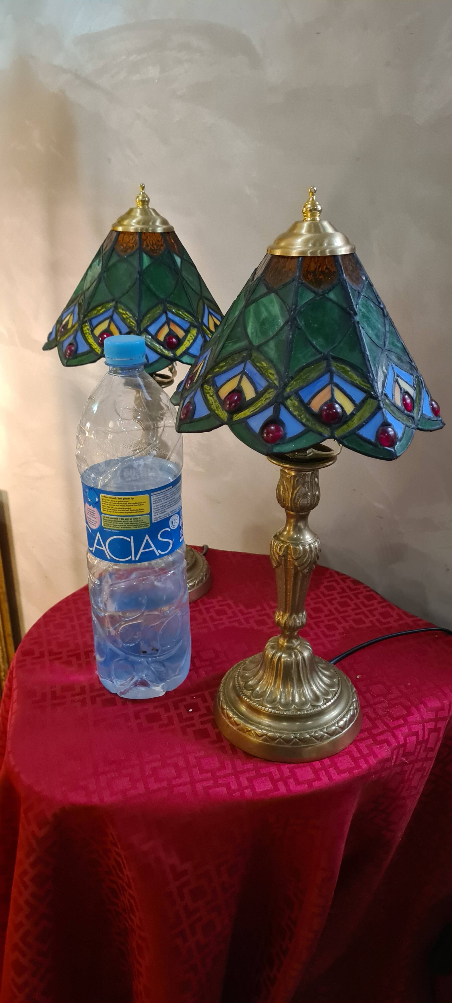 Pair of antique bronze lamps, glass lampshades, 44x21, stained glass, Tiffany style.