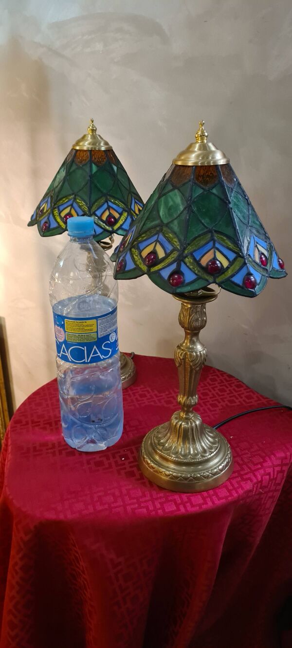 Paire lampe bronze ancienne abat jour verre 44x21 vitrail style tiffany