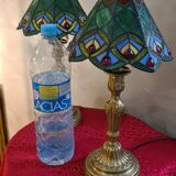 Pair of antique bronze lamps, glass lampshades, 44x21, stained glass, Tiffany style.