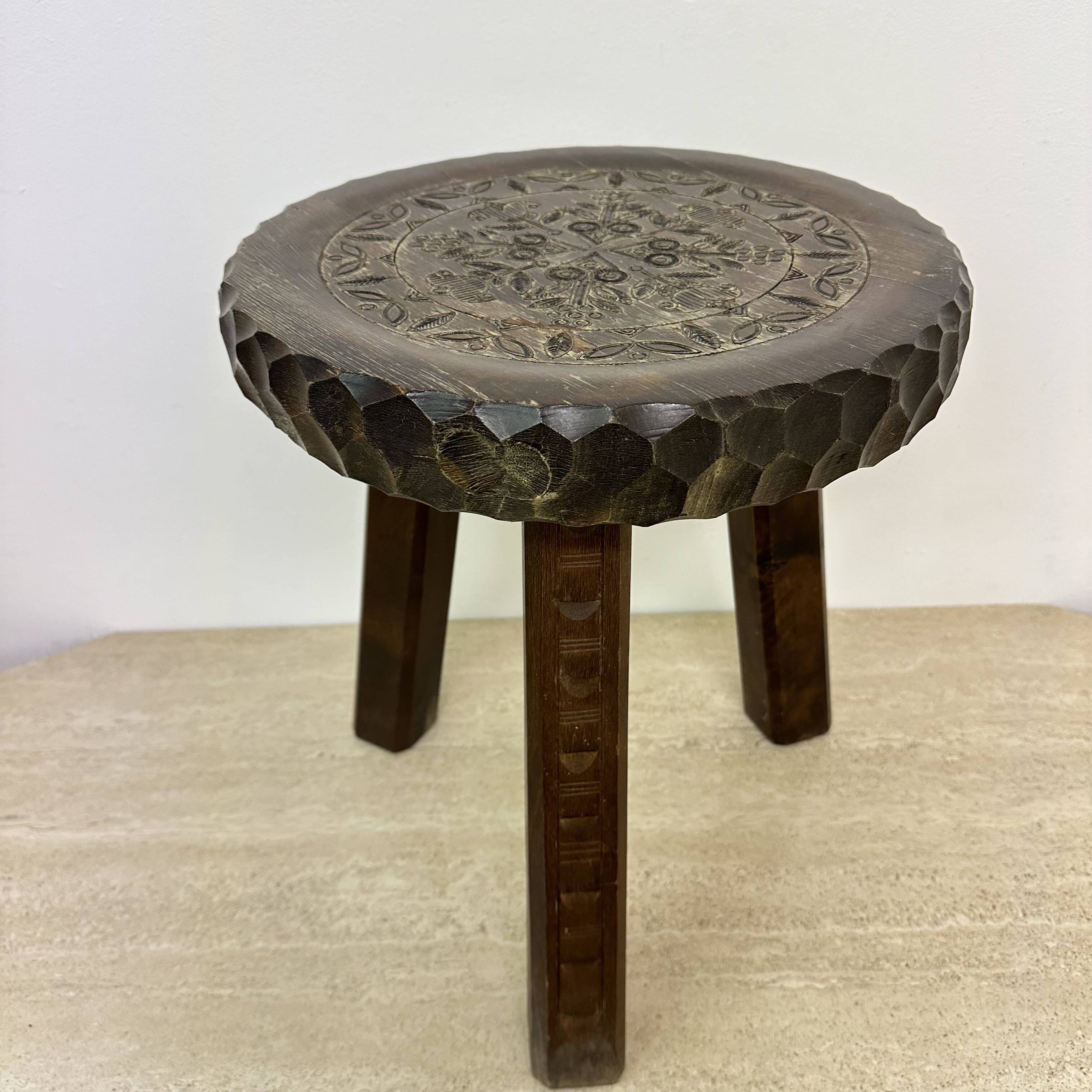 Hand carved solid oak brutalist stool , 1970s