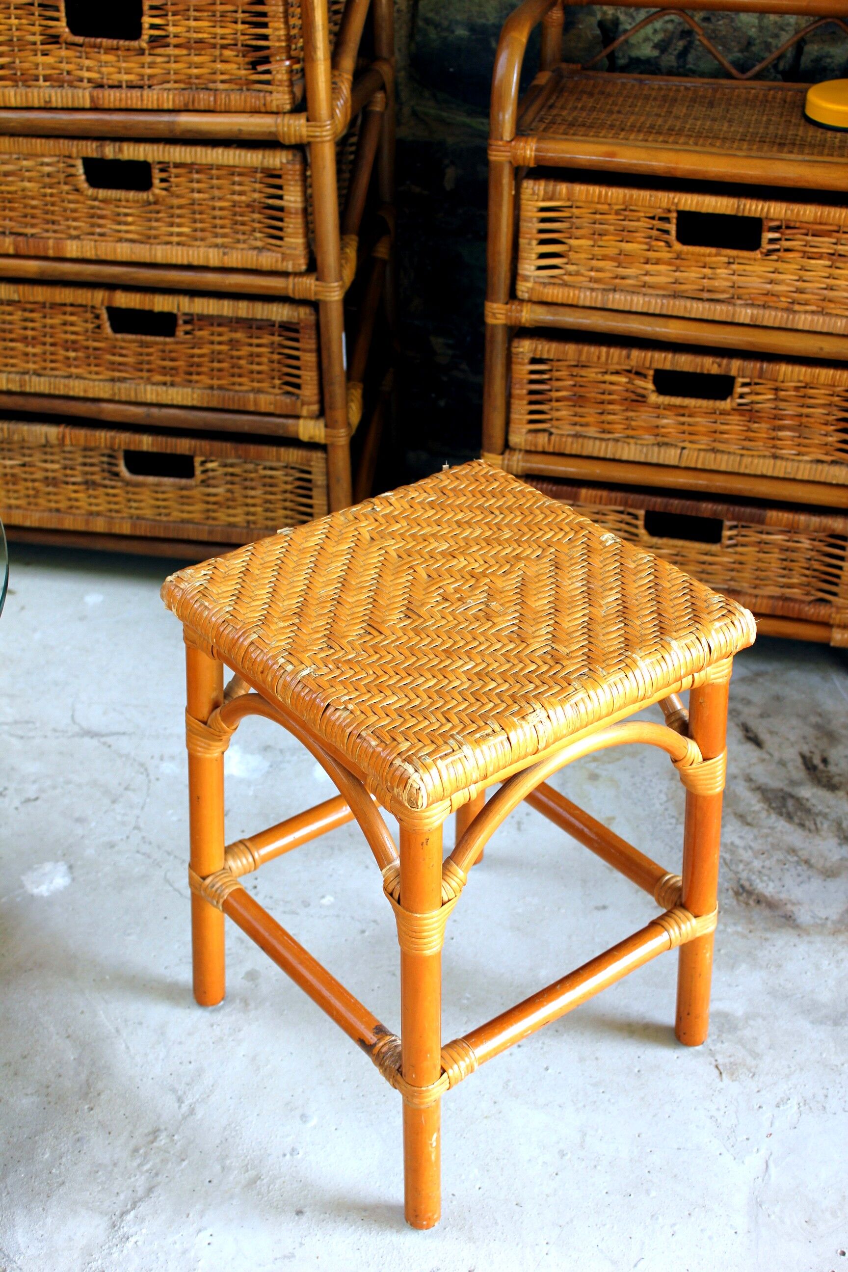 Rattan and wicker stool, vintage bedside table year 70