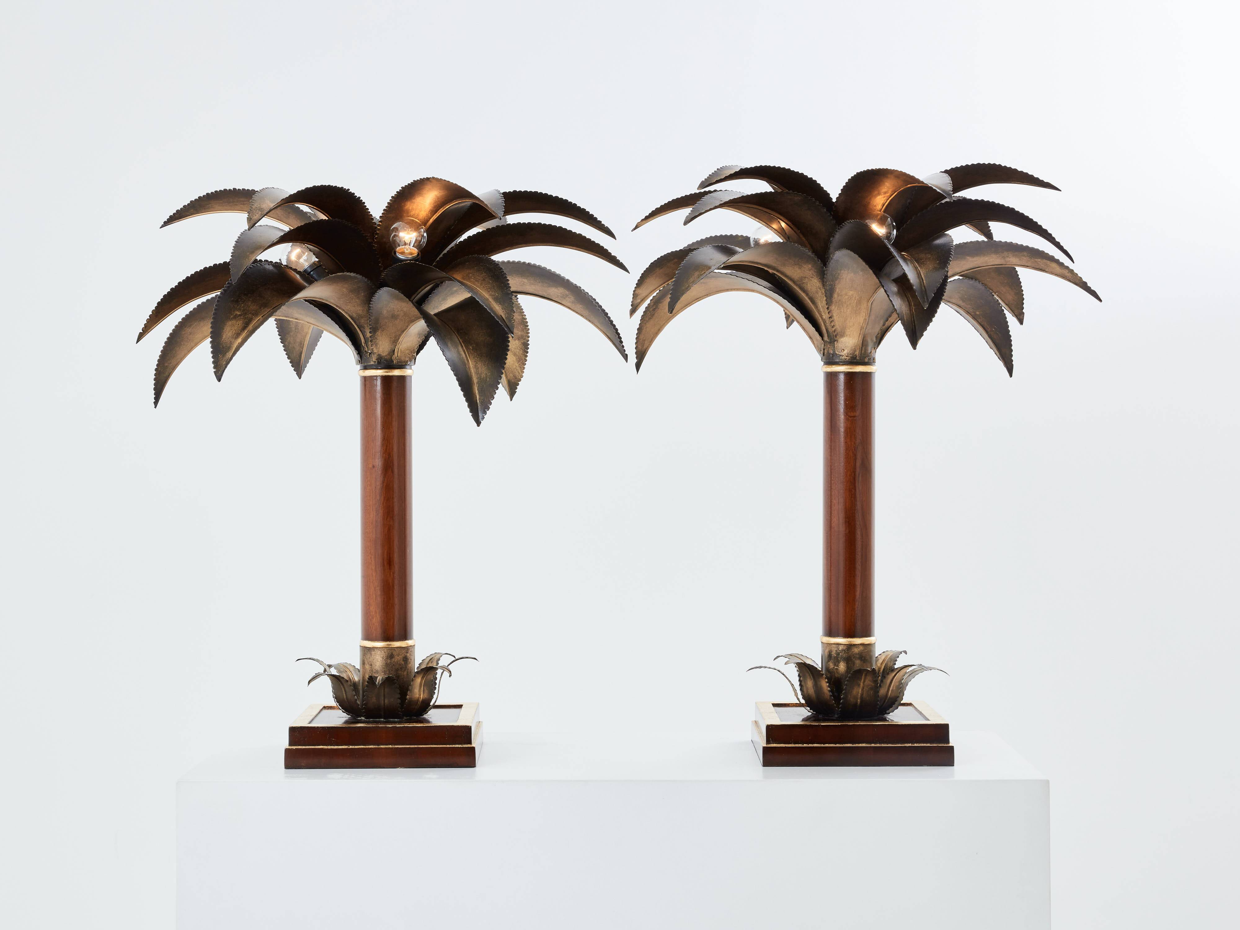 Maison Jansen style pair of bronze mahogany palm tree lamps 1960s