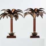 Maison Jansen style pair of bronze mahogany palm tree lamps 1960s