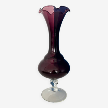 large vintage tulip neck purple glass vase / floral glass decoration / Italian style glass vase