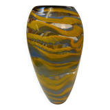 Vase en verre soufflé de Brehat bleu et jaune