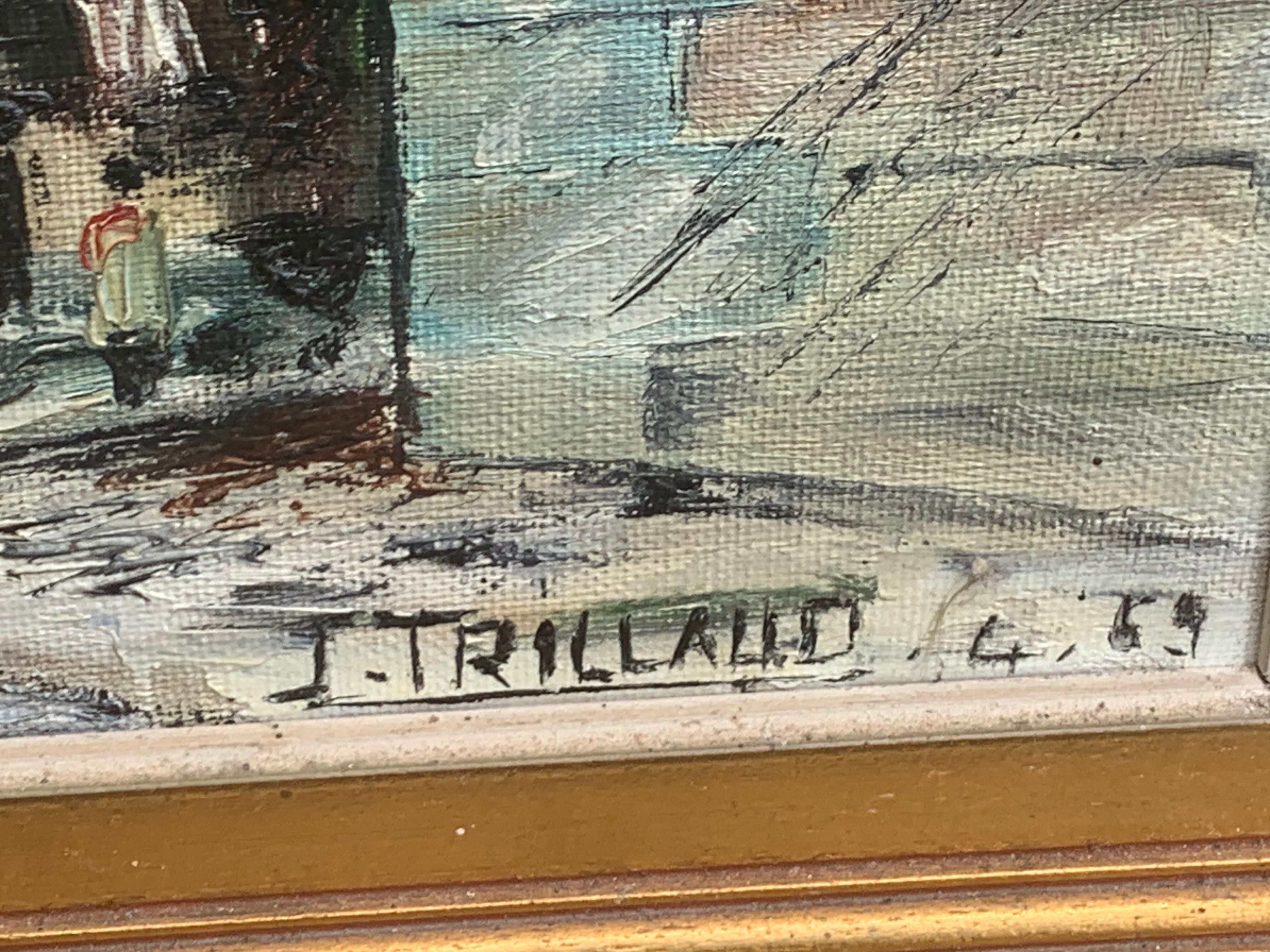 Painting signed J.Trillaut city scene framed vintage canvas 1969