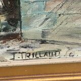 Painting signed J.Trillaut city scene framed vintage canvas 1969