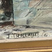 Painting signed J.Trillaut city scene framed vintage canvas 1969