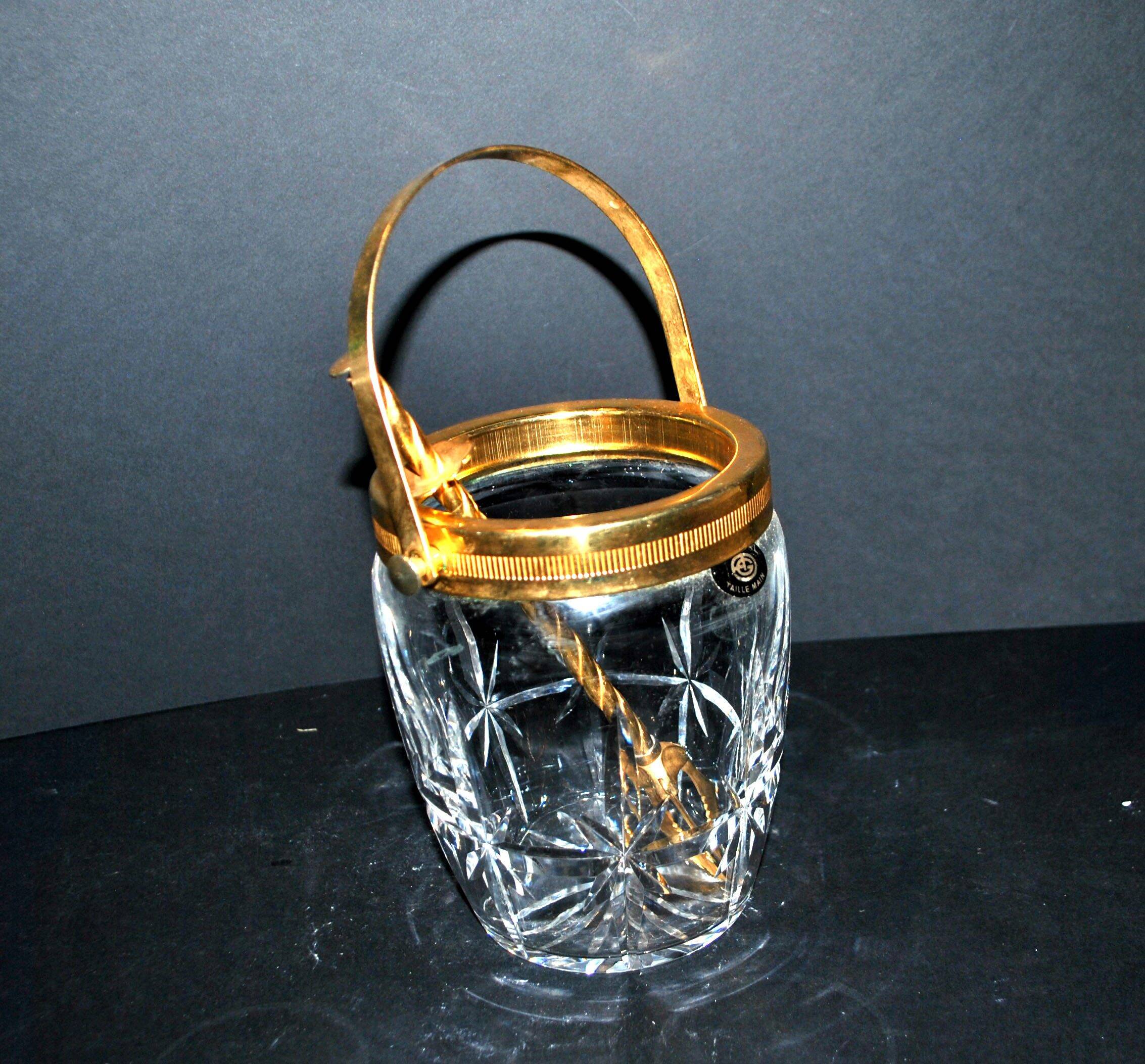 Vintage gold cut crystal ice bucket - ice cube pot + tongs CRISTAL AG