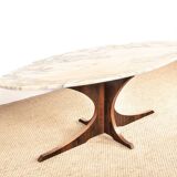 Oval coffee table in Carrara marble and rosewood, Hugues Poignant 1960