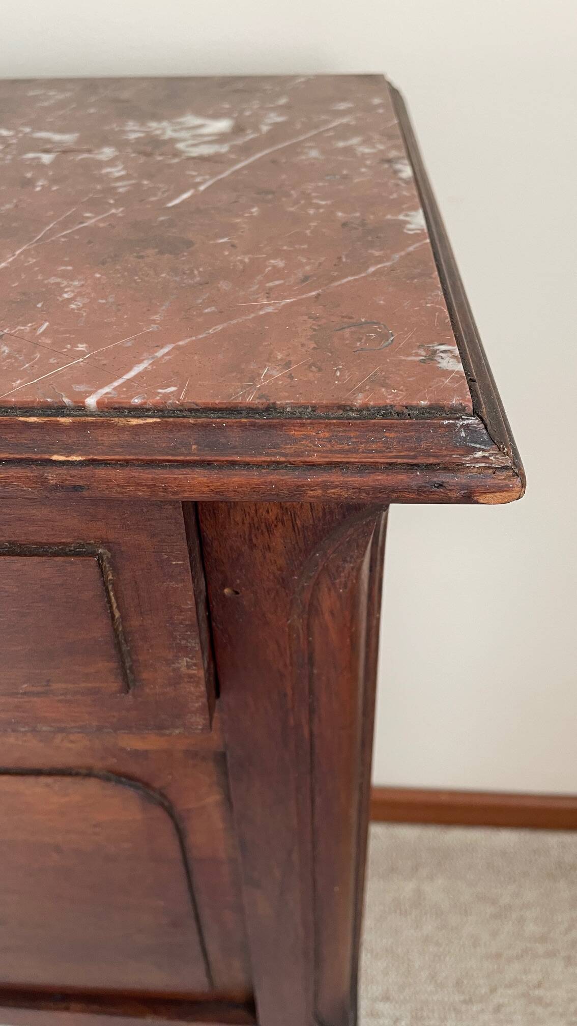 Antique bedside table in wood and marble
