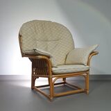 Chaise longue surdimensionnée en rotin/bambou avec coussins d'origine. Années 1970