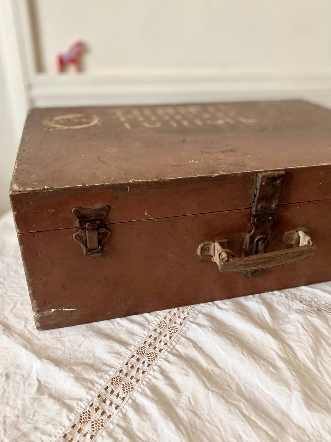 Large wooden trunk suitcase with Tunisia inscription