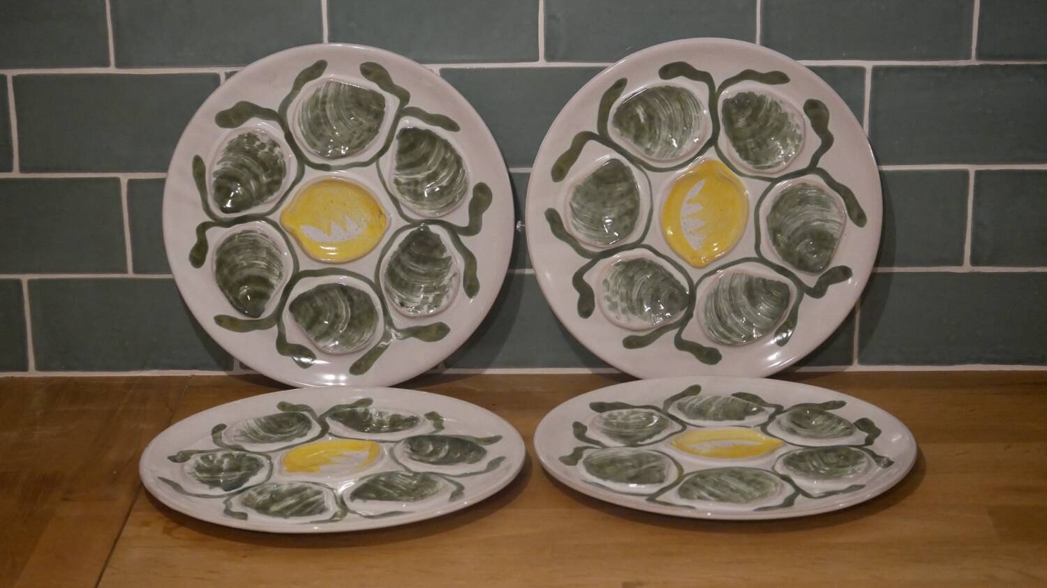Set of 4 Belon earthenware oyster plates – 25 cm – yellow & green