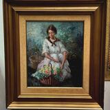 Portrait of a girl with flowers by Alfredo Mompo Roca.