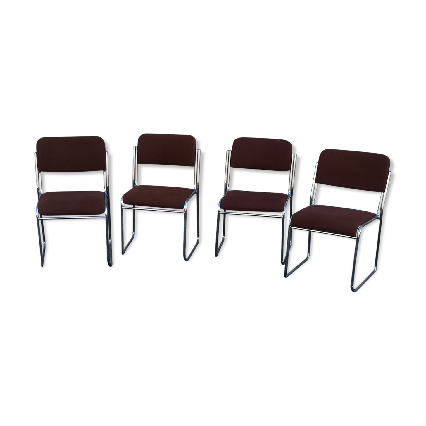 Set de 4 chaises vintage chrome et tissu marron