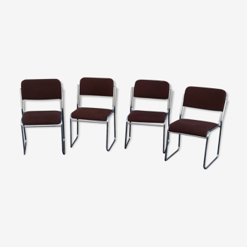 Set de 4 chaises vintage chrome et tissu marron