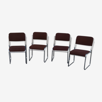 Set of 4 vintage chrome chairs and brown fabric