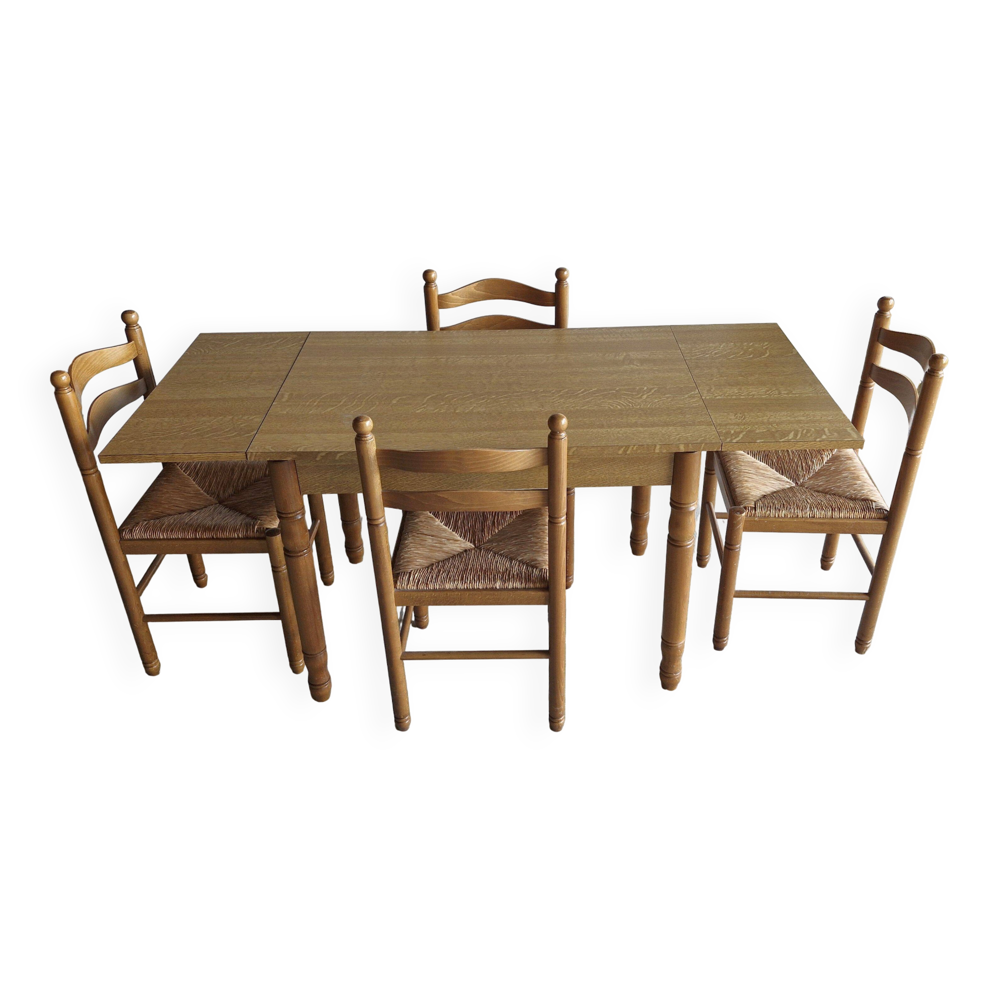 Wooden table with 2 extensions + 4 wooden chairs with rush seats