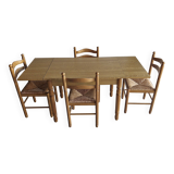 Wooden table with 2 extensions + 4 wooden chairs with rush seats