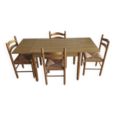 Wooden table with 2 extensions + 4 wooden chairs with rush seats