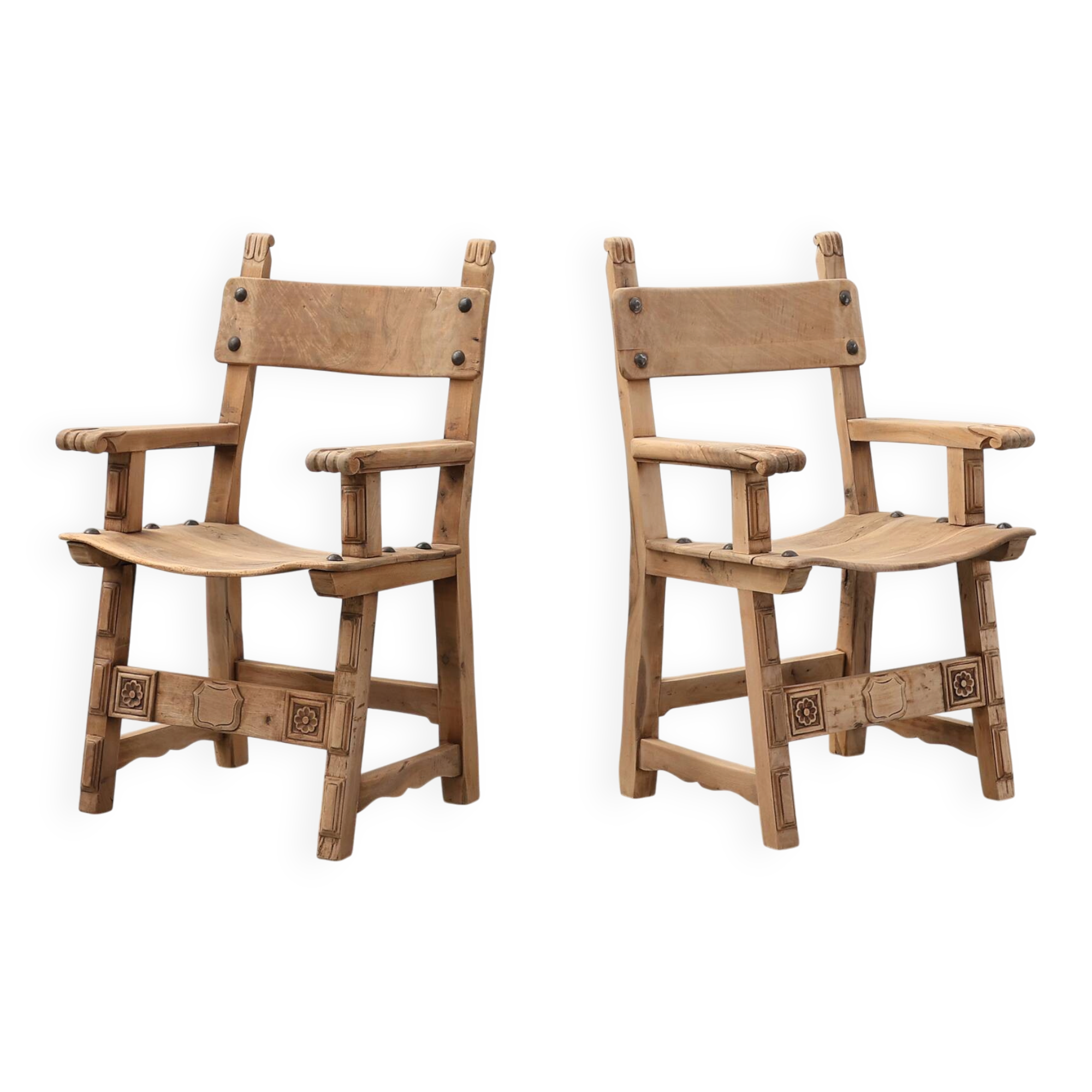 Pair of carved Brutalist Armchairs, Spain, 20th Century