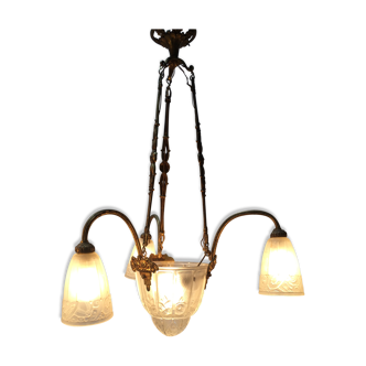 Art Deco chandelier 3 branches with bronze suspension - 1920