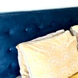Adult bed 160x200 with dark duck blue velvet upholstered headboard