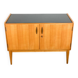 Small sideboard, WK Möbel, light coloured veneer with black glass top, 50s