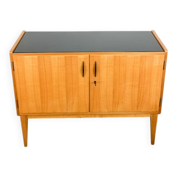 Small sideboard, WK Möbel, light coloured veneer with black glass top, 50s