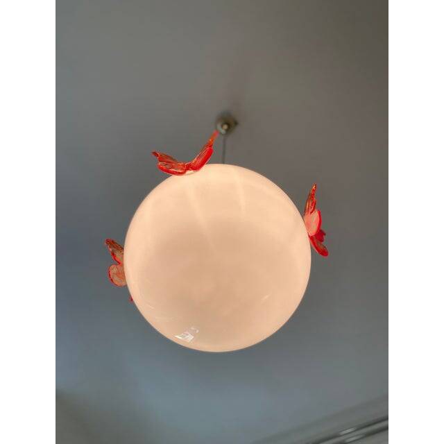 Italian Murano Style Glass Opalino Pendant With Red Butterfly