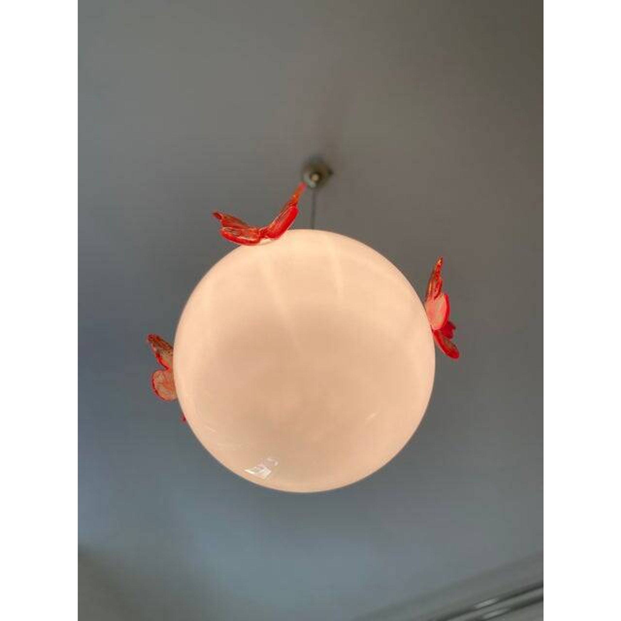 Italian Murano Style Glass Opalino Pendant With Red Butterfly
